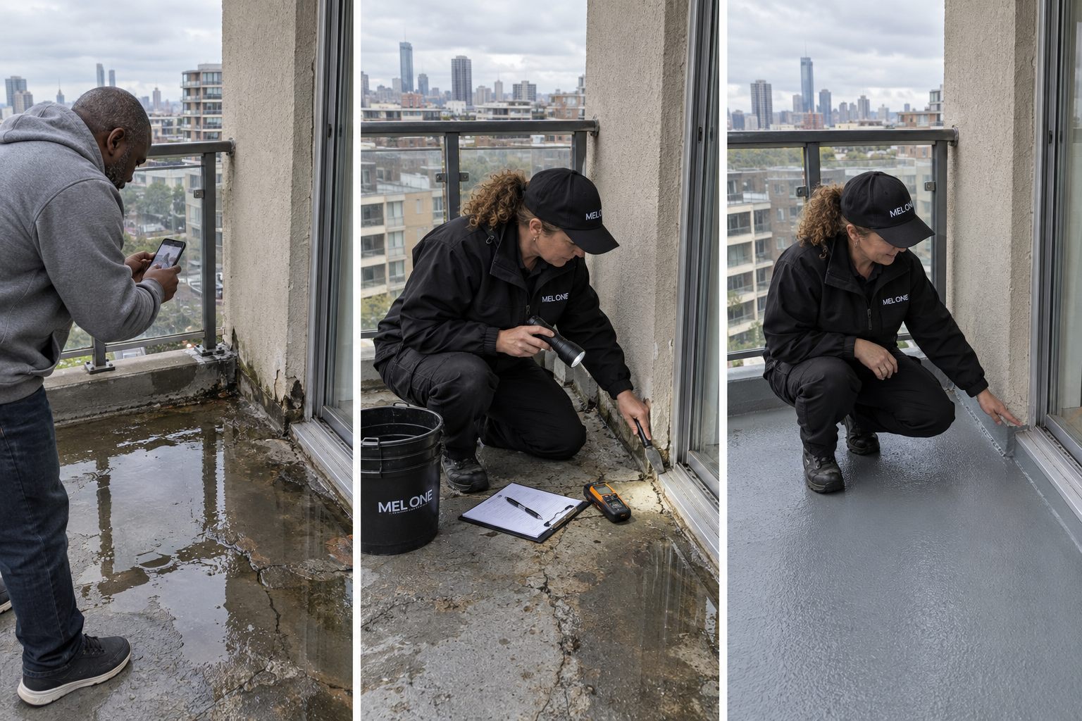 Balcony surface condition, junction assessment and completed waterproofing finish