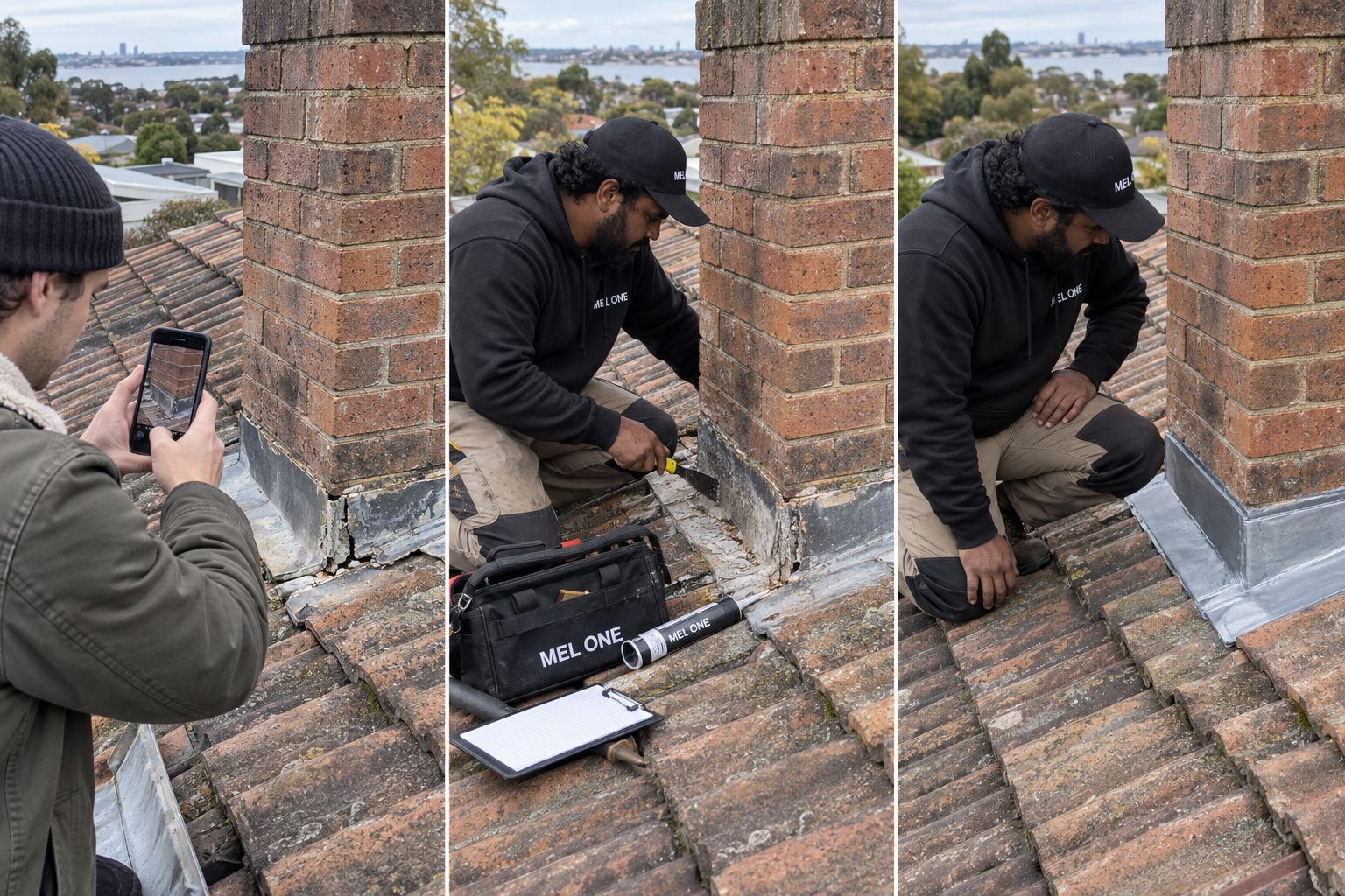 Roof chimney flashing condition, repair preparation and completed flashing detail