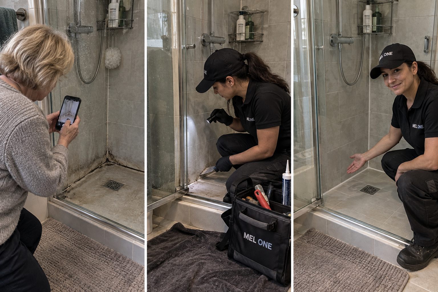 Shower assessment, repair preparation and completed shower floor sequence