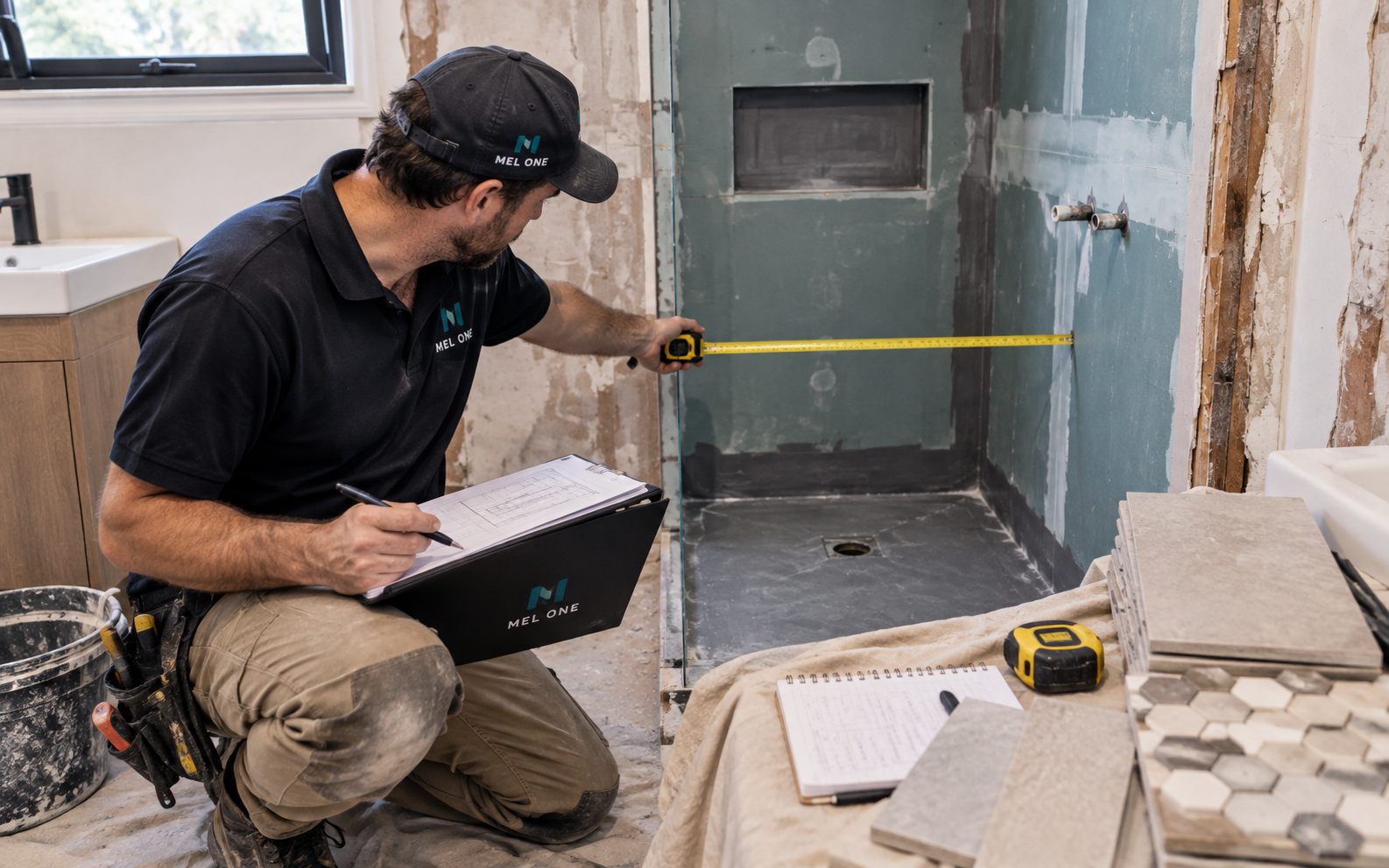 MEL ONE measuring a bathroom area and recording details for a waterproofing and tiling scope