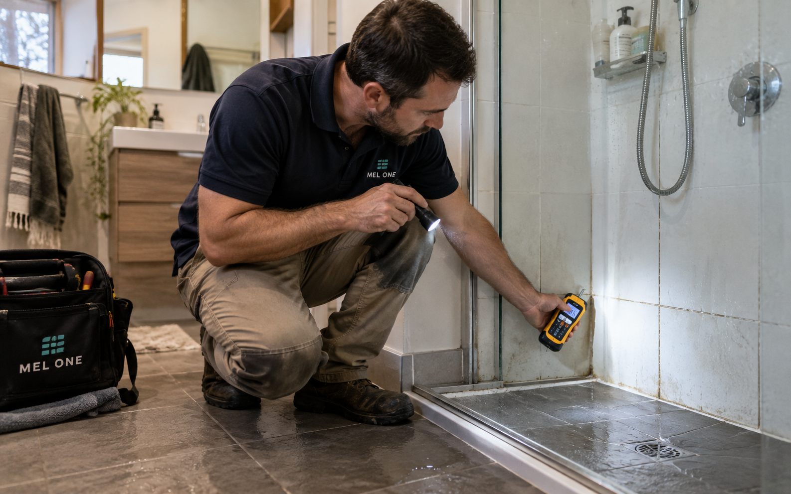 MEL ONE inspecting a shower wall and floor junction with a moisture meter