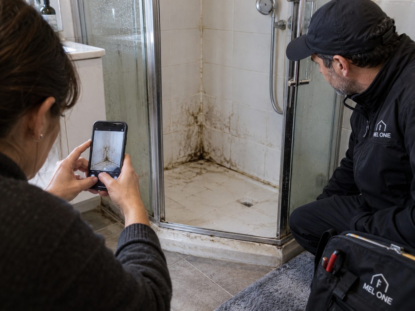Property owner and MEL ONE documenting visible shower deterioration before an enquiry