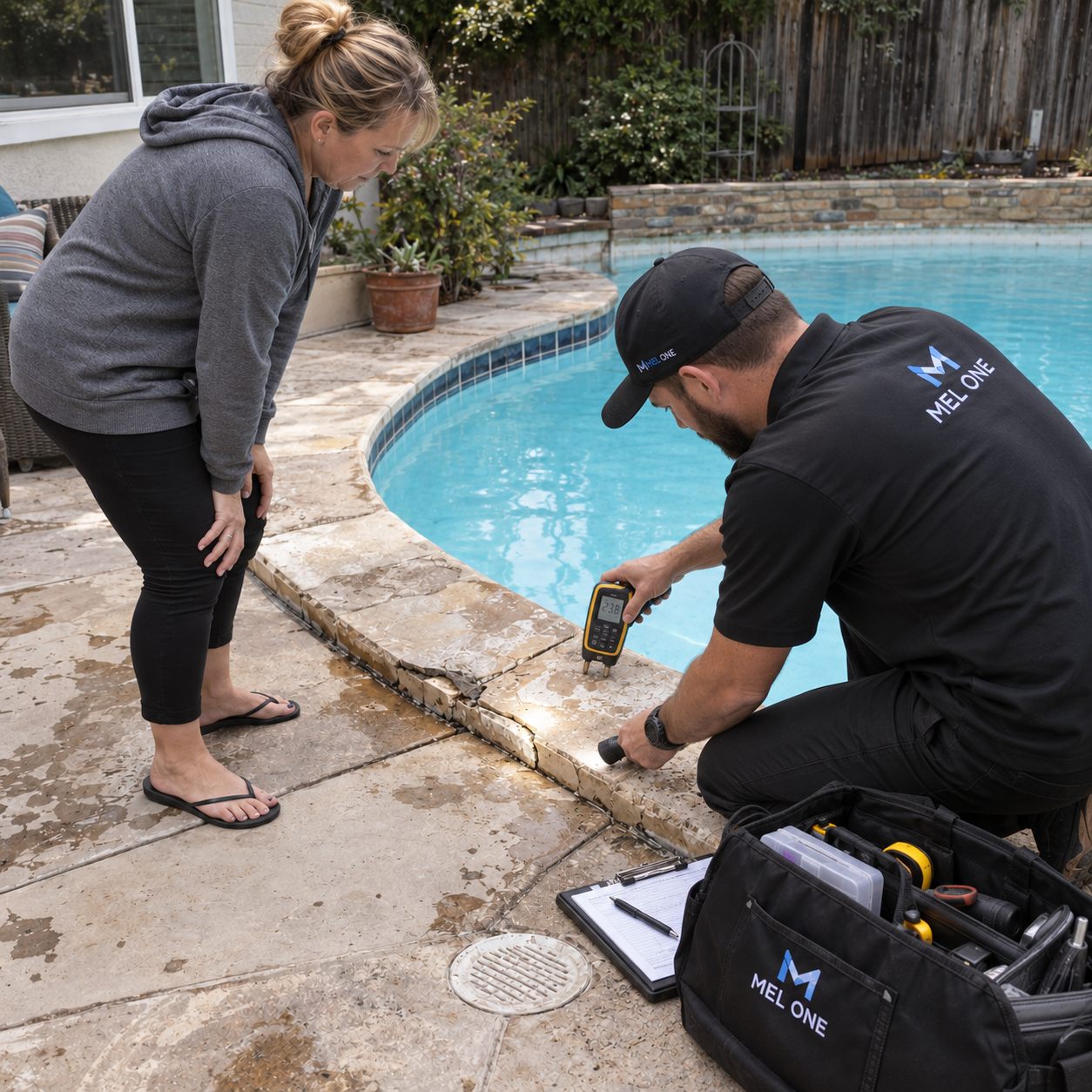 MEL ONE inspecting an accessible pool-edge detail during an on-site assessment
