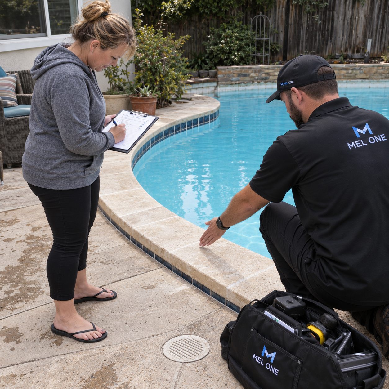 MEL ONE discussing the documented pool-edge detail and next step with a property owner