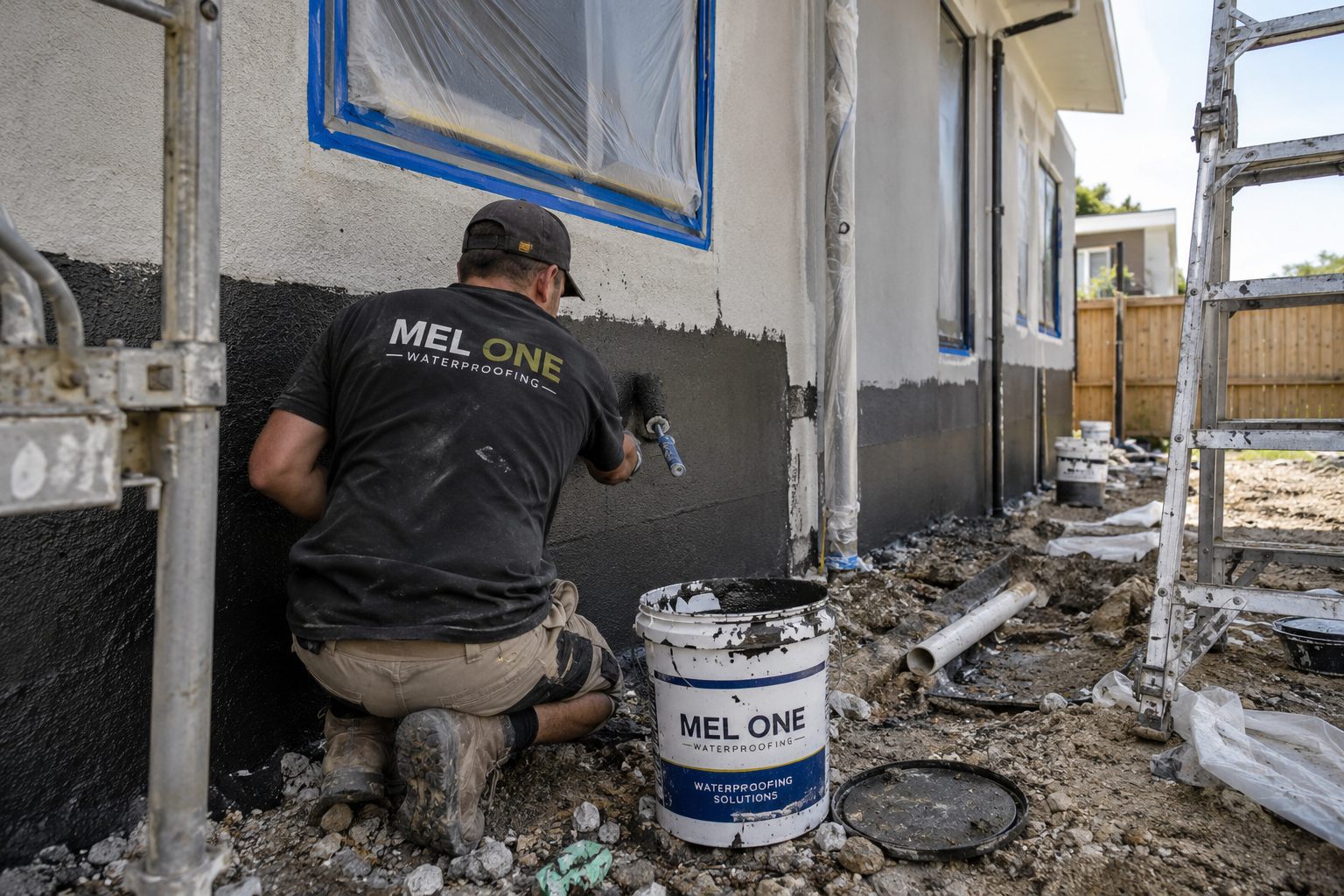 MEL ONE applying waterproofing to an exterior wall junction