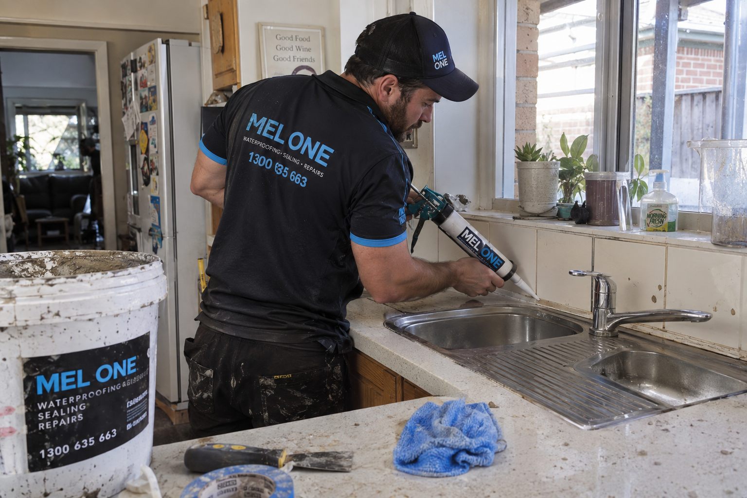 MEL ONE sealing a kitchen sink and benchtop junction