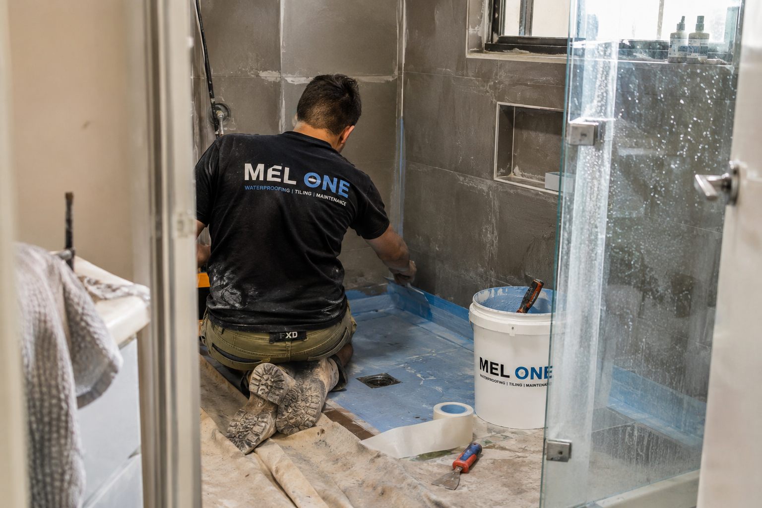 MEL ONE preparing a shower floor and wall junction